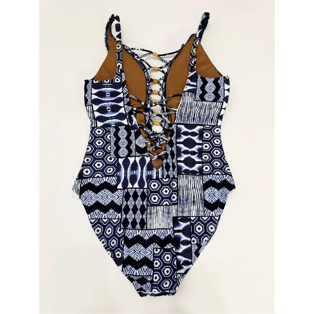 Bleu Rod Beattie Navy Multi‎ Print Bamboo Island Time One Piece Swimsuit 14 NWT